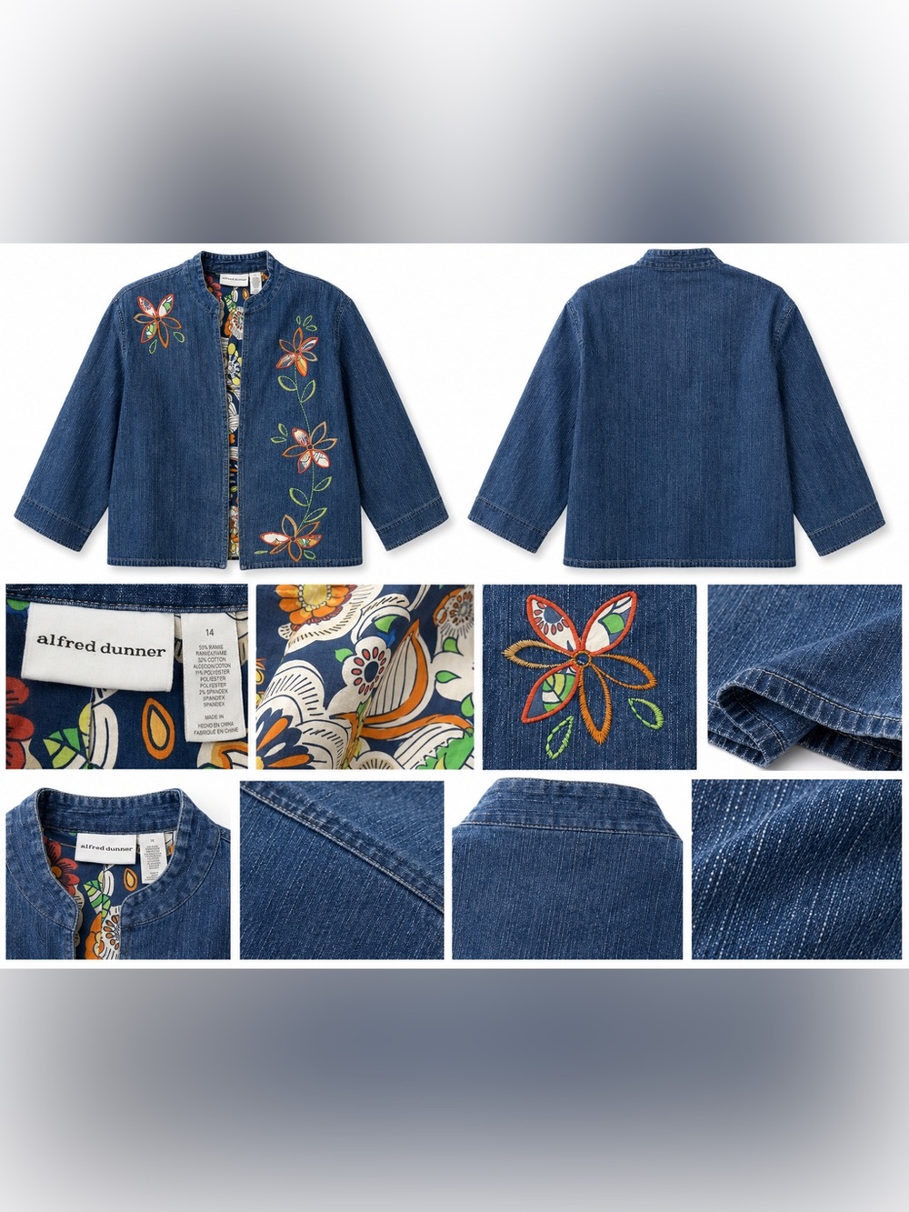 Alfred Dunner Blue Denim Jacket with Multicolor Floral Embroidery